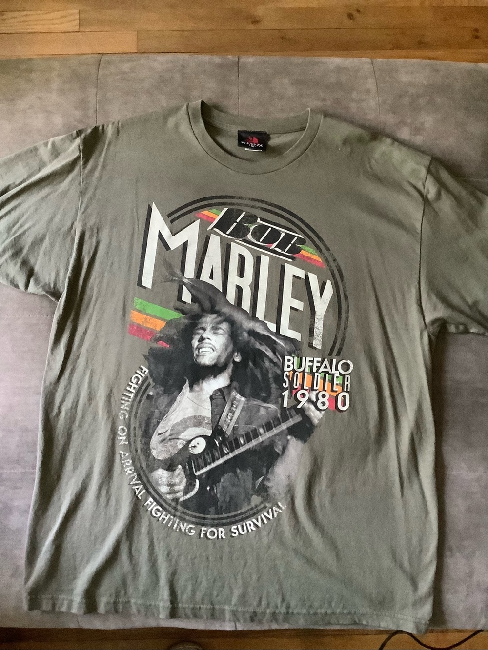Zion Rootswear Bob Marley Olive Green Tee with Red Logo